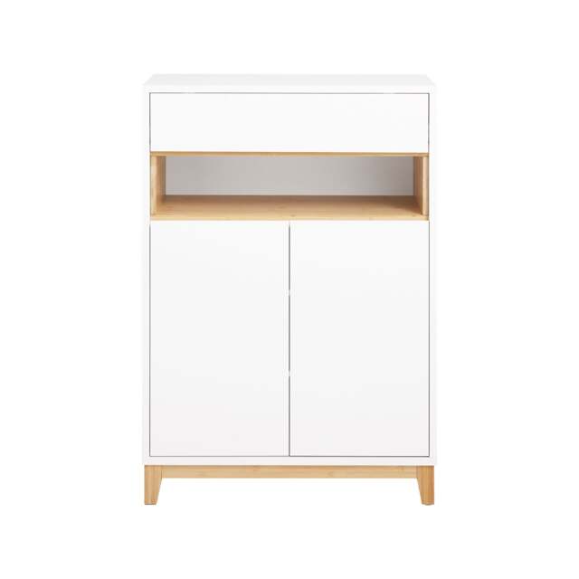 SoBuy Sideboard Cabinet with Drawer, 2 Doors & Open Shelf, White with Bamboo Legs, 23.6x13.4x33.5 in, 26.85 kg - FSB97-WN