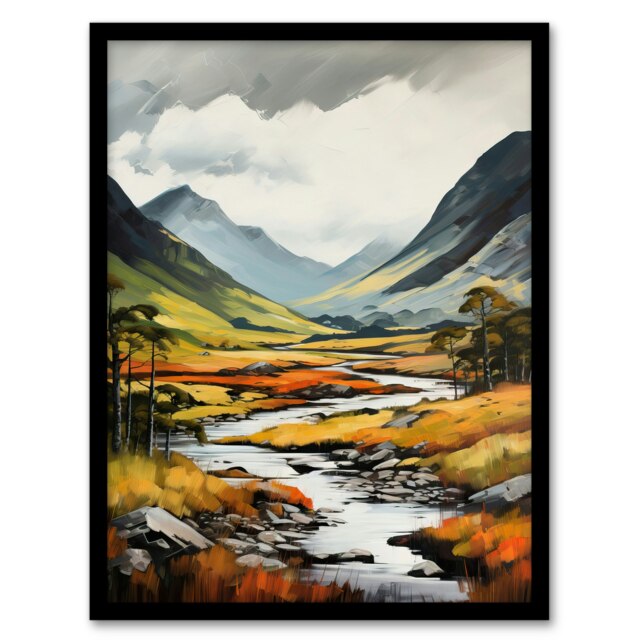 Glencoe Valley Oil Scotland Majestic Home Decor Black Framed Wall Art Print A4