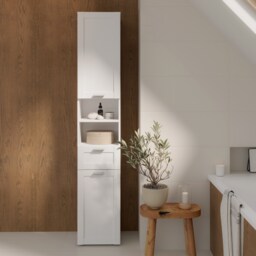 Lokko Tall Narrow Bathroom Cabinet with 2 Doors & 1 Drawer with Silver Handles in White