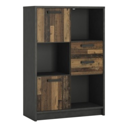 Brooklyn Low Bookcase With 2 Doors And 2 Drawers In Walnut And Dark Matera Grey