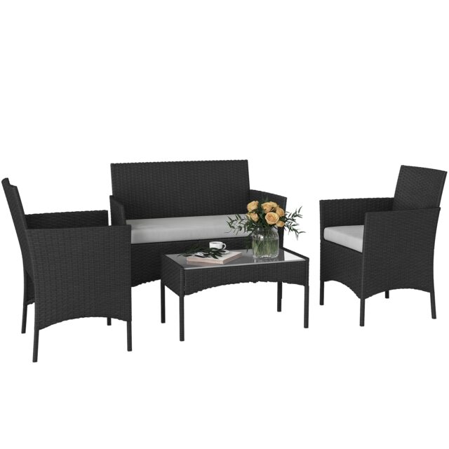 Outsunny 4 Piece Rattan Garden Furniture Sofa Set with Cushions, Black Black Black with Grey cushions Four Seater