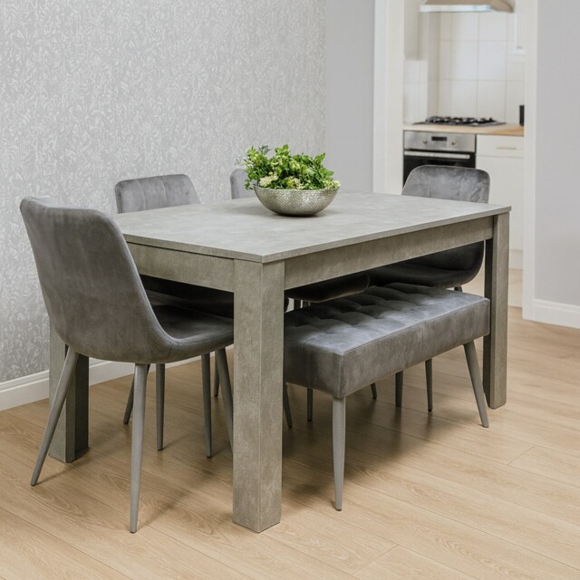 Dining Table and 4 Chairs With Bench Stone Grey Effect Wood Table - Dining Room