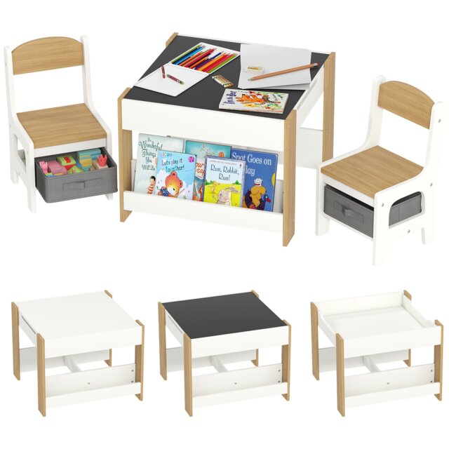 HOMCOM 3 Piece Kids Table and Chair Set, 3 in 1 Design Kids Desk and Chair Set with Blackboard, Storage, Bookshelves, for Nursery, Playroom, Classroom - Natural Wood Yellow Natural wood finish 3