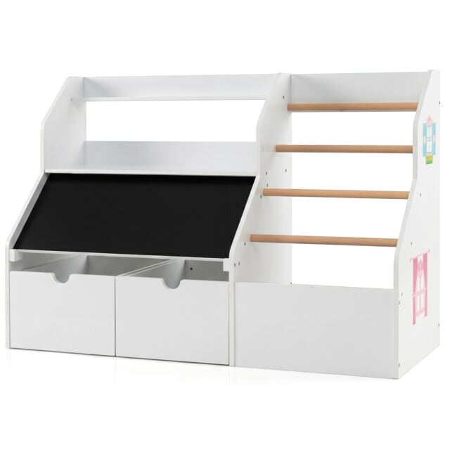 Toy Storage Organizer, Kids Bookshelf with Flip-up Blackboard, Open Shelves, 5 Solid Wood Hanging Rods & 2 Movable Drawers, Wooden Playroom Storage Cabinet for Children's Room, Bedroom & Nursery