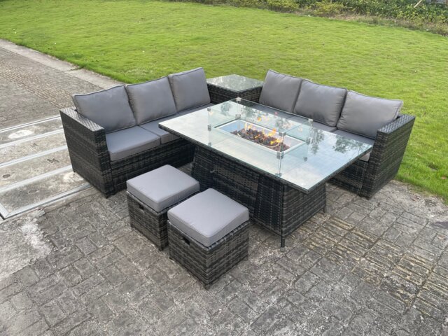 Fimous Outdoor Rattan Garden Corner Furniture Gas Fire Pit Table Sets Gas Heater Lounge Small Footstools Dark Grey 8 Seater