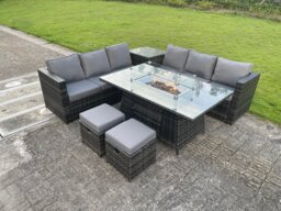 Fimous Outdoor Rattan Garden Corner Furniture Gas Fire Pit Table Sets Gas Heater Lounge Small Footstools Dark Grey 8 Seater