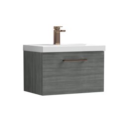Balterley Wall Hung Bathroom 1 Drawer Vanity Unit & 1 Tap Hole Ceramic Basin, & Handle Grey Anthracite Woodgrain