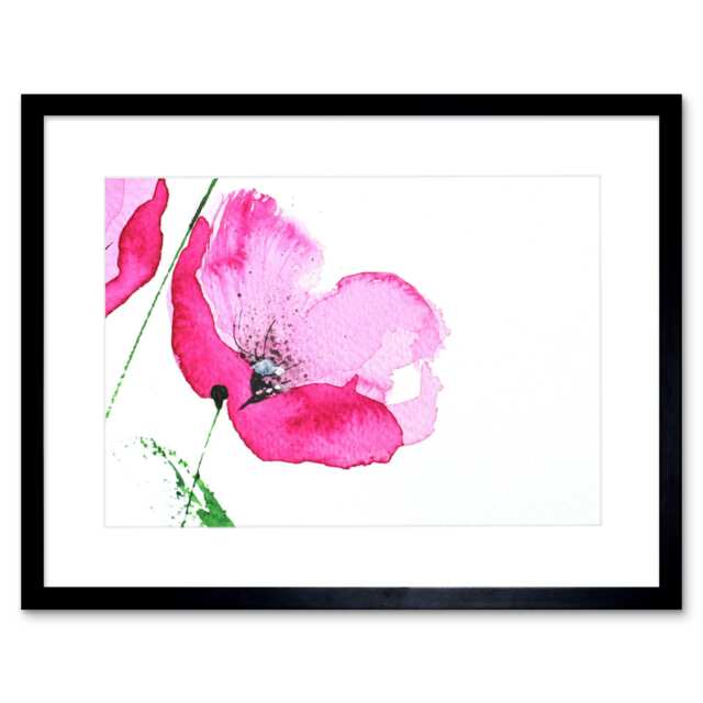 "Pink Poppy Flower Floral Watercolour 9x7"" Black Framed Wall Art Print"