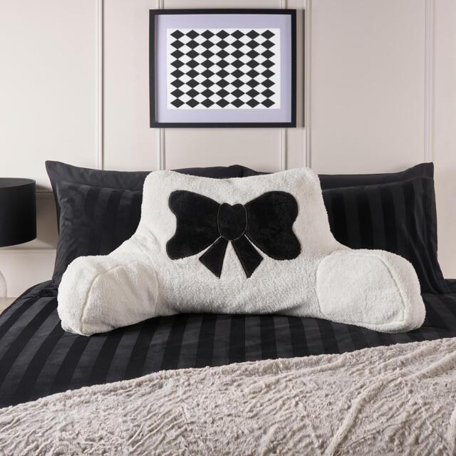 OHS Embroidered Bow Cuddle Cushion Teddy Fleece Reading Pillow White