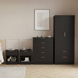 Vida Designs Trega 4 Piece Bedroom Set (1 Drawer Bedside Chest x2, 5 Drawer Chest, 2 Door 2 Drawer Wardrobe) Black