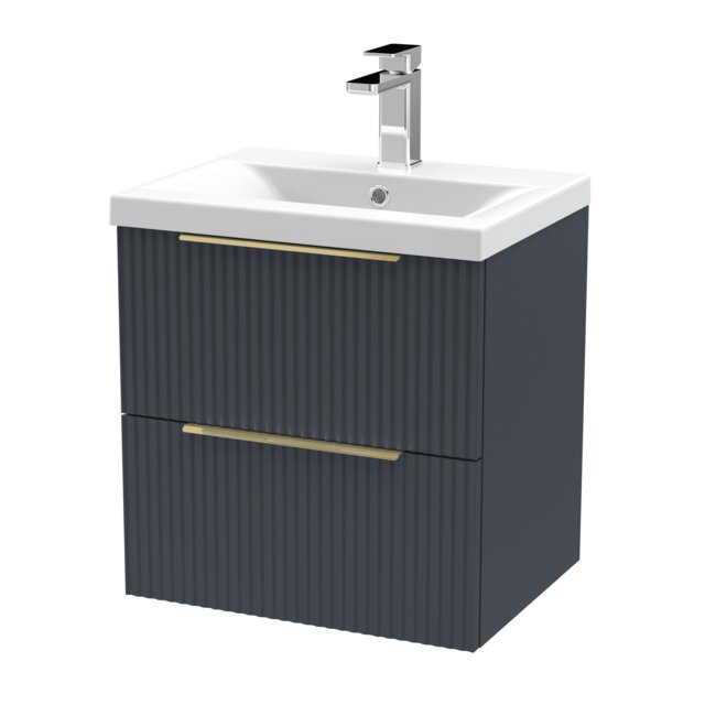 Balterley Contemporary Fluted Front Wall Hung 2-Drawer Bathroom Vanity Unit with 1 Tap Hole Basin, Handles Grey Soft Black