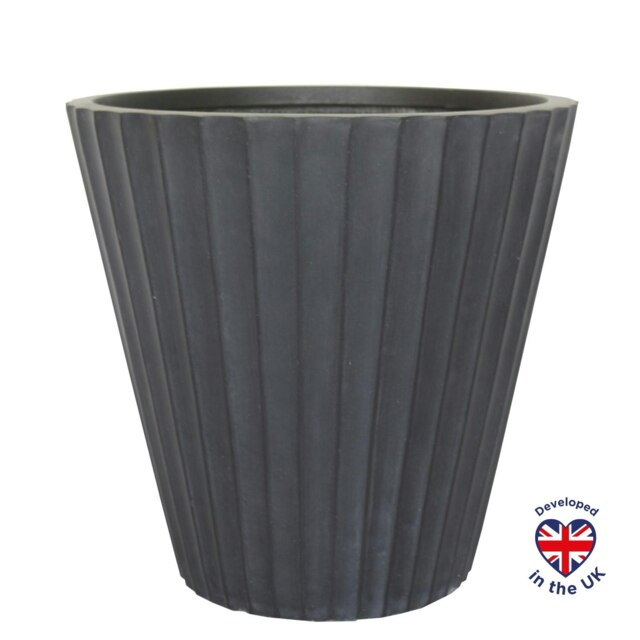 Vintage Black Ribbed Round Vase Outdoor Garden Planter D37 H35 cm, 37.6 ltrs Cap.