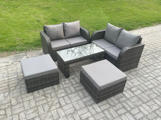 Fimous High Back Rattan Garden Furniture Set with Loveseat Sofa Rectangular Coffee Table 2 Big Footstool Indoor Outdoor Patio Lounge Sofa Set Dark Grey Mixed