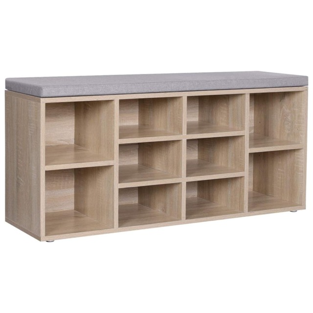 10-Compartment Shoe Storage Bench Cabinet with Cushion Seat, Oak Colour