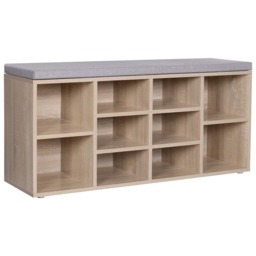 10-Compartment Shoe Storage Bench Cabinet with Cushion Seat, Oak Colour