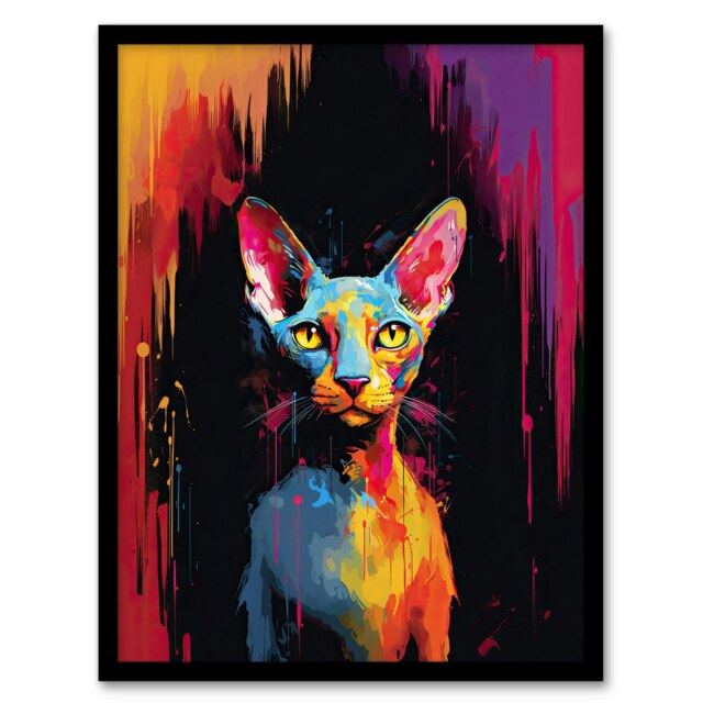 Sphynx Cat Lover Gift Pet Portrait Colourful Black Framed Wall Art Print A4