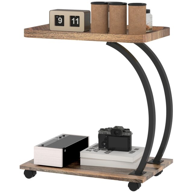 HOMCOM C Shaped Side Table with Storage & Wheels for Living Room, Brown Brown