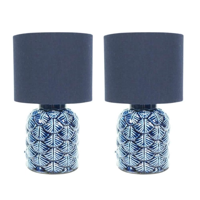 ValueLights Priyah Set of 2 - Navy Blue Textured Scallop Effect Ceramic Table Lamp with Drum Shade Blue