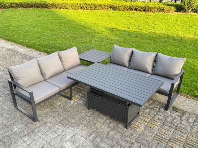 Fimous 4 Pieces Garden Furniture Set Aluminium Adjustable Rising Lifting Dining Table and Sofa Set with Side Table Dark Grey