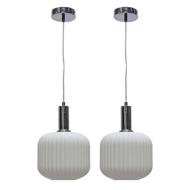 Set of 2 Bento - White Ribbed Glass Chrome Deco Pendant Fittings