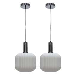 Set of 2 Bento - White Ribbed Glass Chrome Deco Pendant Fittings