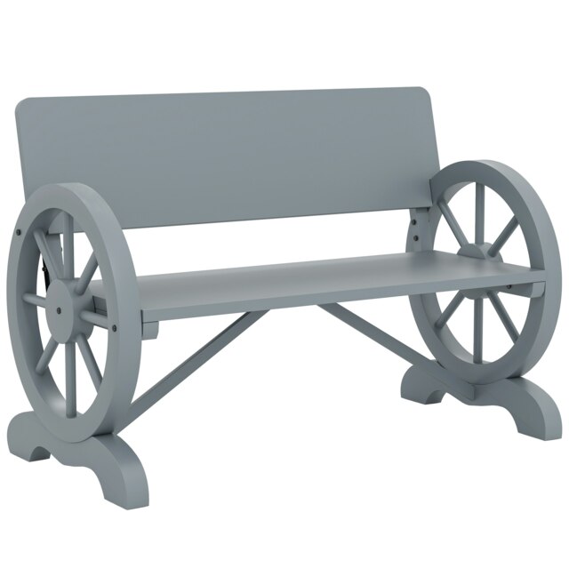 Outsunny Wooden Garden Bench, 2 Seater Outdoor Bench Outdoor with Wagon Wheel Armrests and High Back, Grey Grey Grey