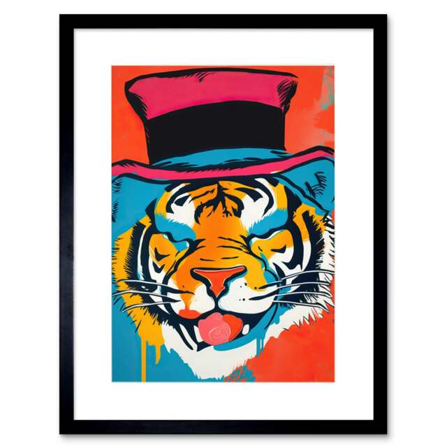 "Tiger Head Wearing Pink Top Hat Modern Pop 9x7"" Black Framed Wall Art Print"