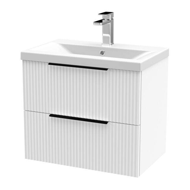 Balterley Fluted Front Wall Hung 2-Drawer Bathroom Vanity Unit with 1 Tap Hole Basin, Handles White Satin White