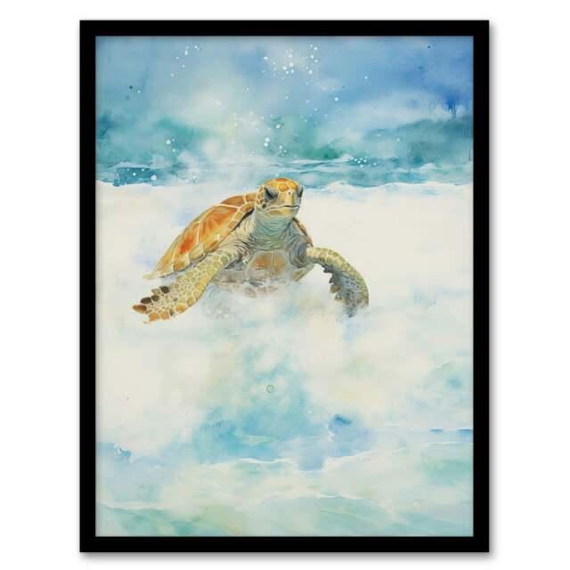 Turtle Sea Surf Watercolour Surfing Waves Bathroom Black Framed Wall Art Print A4