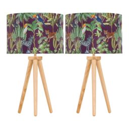 Set of 2 Light Oak Table Lamp Bedside Lights with Safari Velvet Shades Brown Multi Large 2