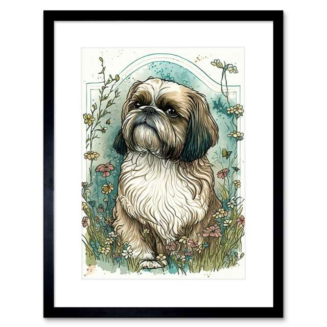 "Shih Tzu Dog Wildflowers Modern Art Nouveau 9x7"" Black Framed Wall Art Print"