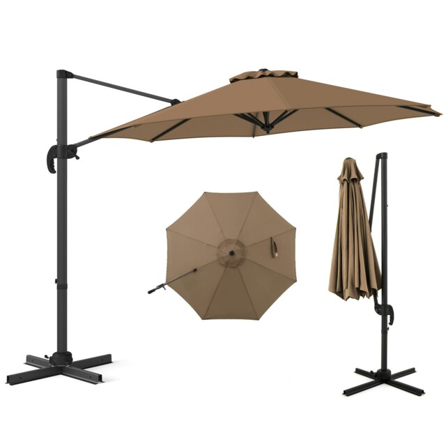 COSTWAY Round Outdoor Patio Umbrella Cantilever Parasol-Brown Brown
