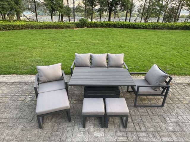 Fimous Aluminium Garden Furniture Sets 8 Seater Outdoor Sofa Set with Adjustable Rising Lifting Dining Table 2 Chairs 3 Footstools