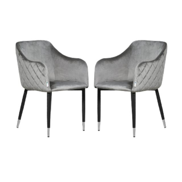 Set of 2 Verona Velvet Dining Chairs with Quilted Back & Black Legs - Modern Accent Chair with Silver Foot Tips Grey