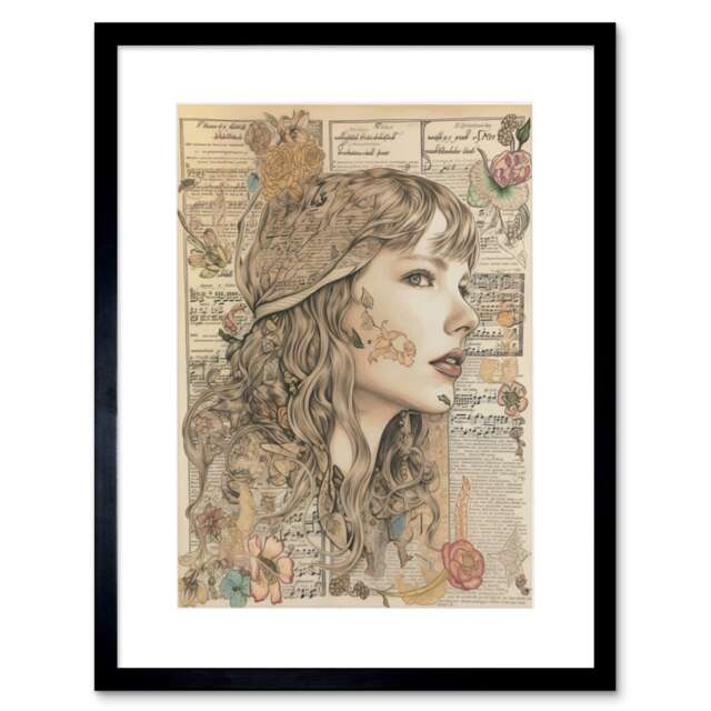 "Upcycled Music Book Page Singer Portrait 9x7"" Black Framed Wall Art Print"