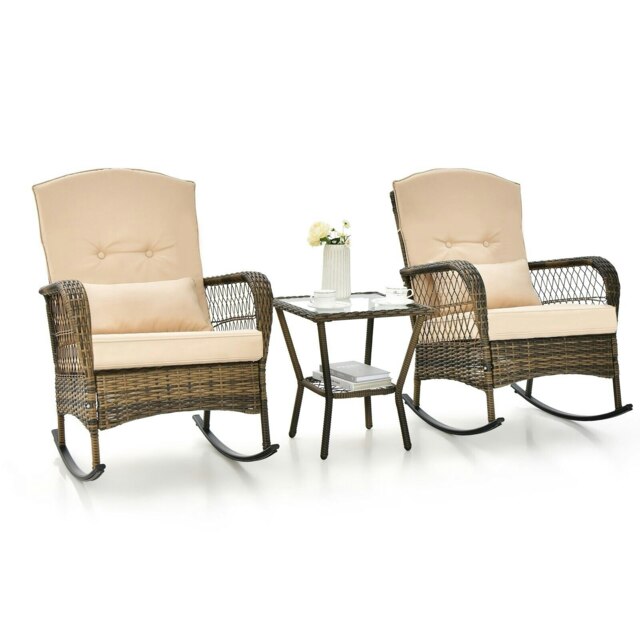 COSTWAY 3 Pieces Rocking Chair Set Outdoor Wicker Furniture