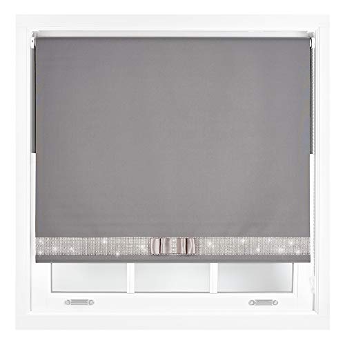 FURNISHED Blackout Roller Blinds with Diamante Trim and Bow Cut to Size Grey Dark Grey (W) 240cm x (L) 165cm