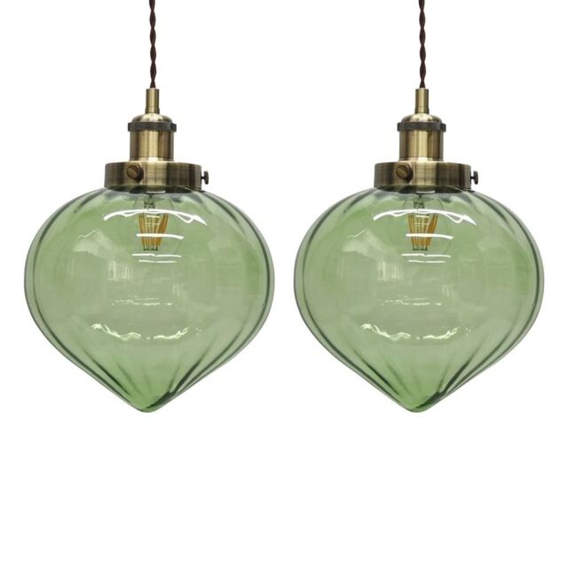 Set of 2 Layla - Green Glass Easy Fit Pendant Shades Brass Detail