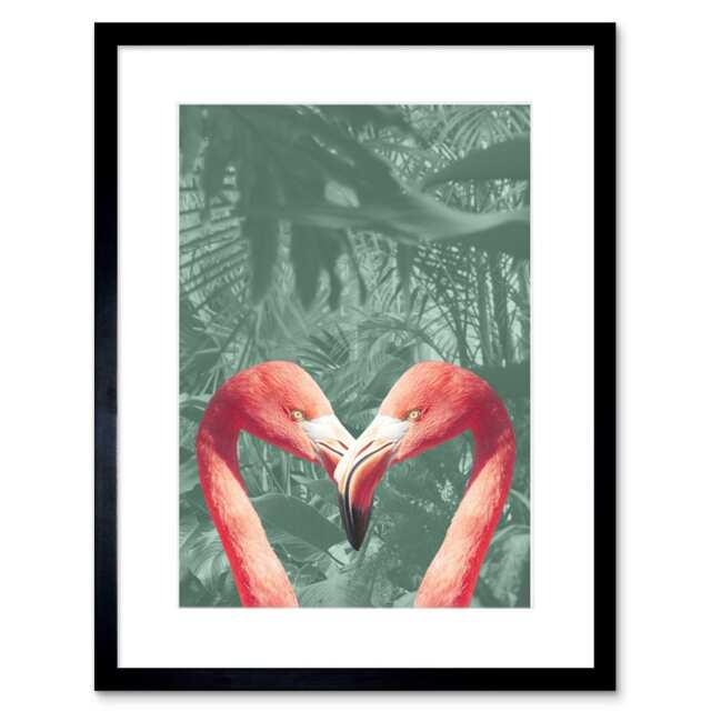 "Flamingo Bird Love Jungle Nature Design 9x7"" Black Framed Wall Art Print"