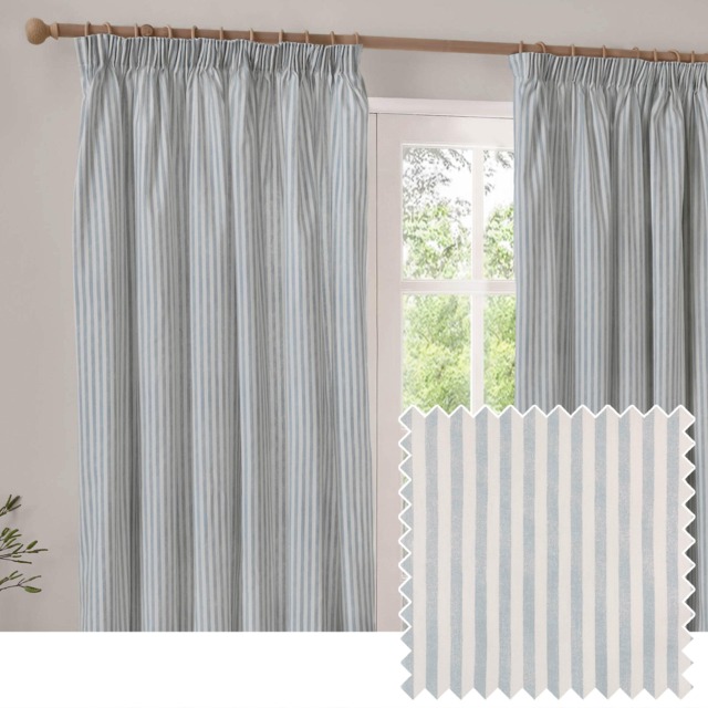 Yard Hebden Cotton Pencil Pleat Curtain Pair, Mineral Blue, 168 x 183cm Blue Marine Blue One Size