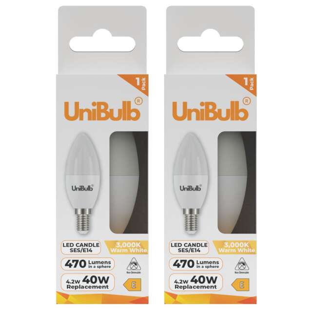 UniBulb LED Candle E14 Small Edison Screw (SES) 470lm 4.2W (Replaces 40W) 3000K (Warm White) Light Bulb - Pack of 2