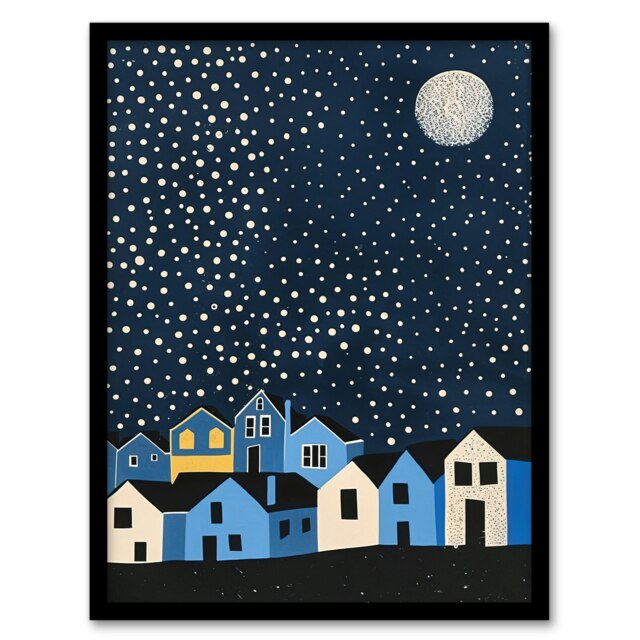 Full Moon Starry Night Over Town Graphic Home Decor Black Framed Wall Art Print A4