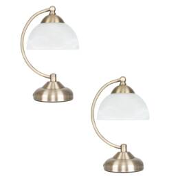 ValueLights Stamford Pair Curved Antique Brass Frosted Glass Bedside Table Lamps and Bulbs