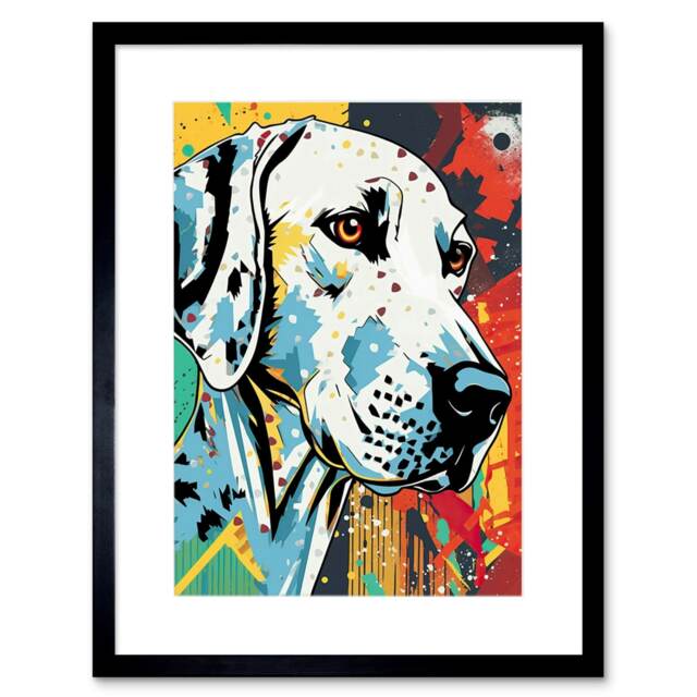 "Dalmatian Dog Painting Bright Geometric Pattern Portrait 9x7"" Black Framed Wall Art Print"