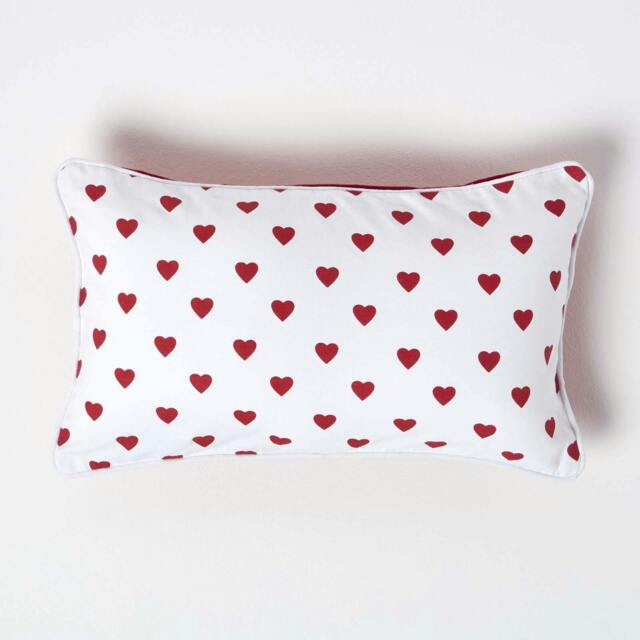 Homescapes Cotton Red Hearts Rectangular Cushion Cover - 30 x 50 cm Red Red 30 x 50 cm