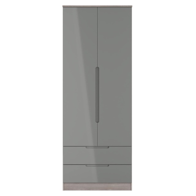 Lucca Tall 2 Drawer Double Wardrobe in Grey Gloss & Grey Oak (Ready Assembled) Grey Grey Gloss & Grey Oak