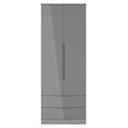 Lucca Tall 2 Drawer Double Wardrobe in Grey Gloss & Grey Oak (Ready Assembled) Grey Grey Gloss & Grey Oak