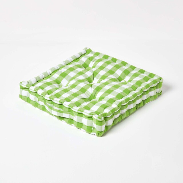 Homescapes Green Block Check Cotton Gingham Floor Cushion - 50 x 50 cm Green 50 x 50 cm