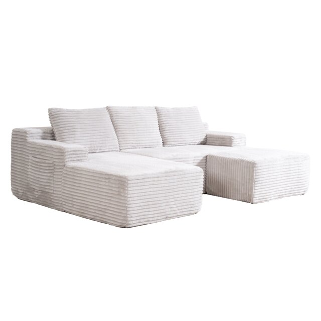 Modular Corduroy Fabric Chaise Sofa Set with Storage, Square Ottoman
