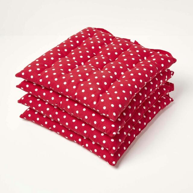 Homescapes 4 x Seat Pads Luxury Cotton Polka Dot Indoor Outdoor Garden Dining Cushion Red 40 x 40 cm 4